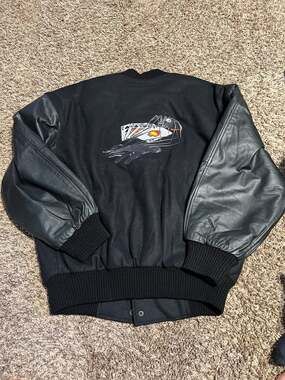 Vintage Burk's Bay Poker Run Embroidered Wool & Leather Varsity Jacket Size L